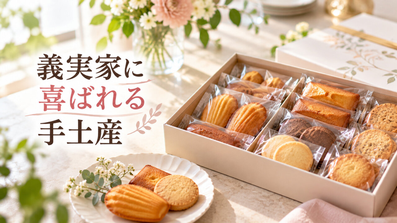 義実家に喜ばれる手土産 個包装の焼き菓子が入った上品な詰め合わせのイメージ