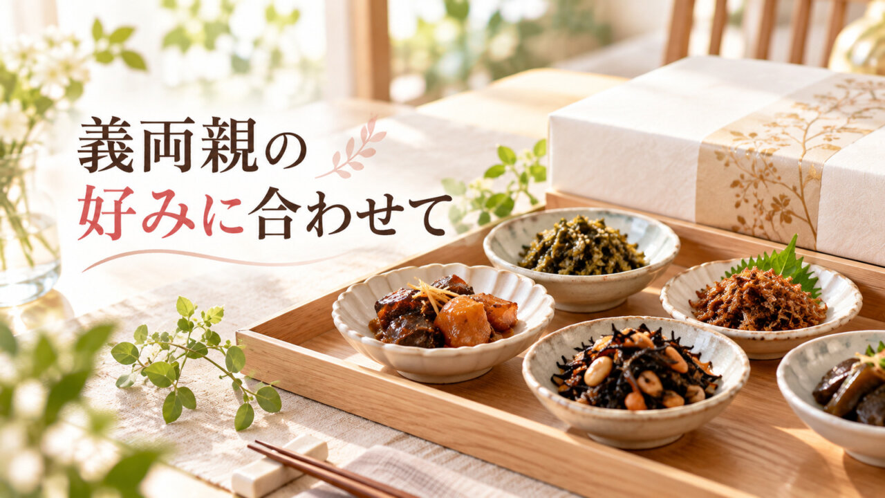 義両親の好みに合わせて 佃煮など甘くない食品を小鉢に盛り付けた和の食卓