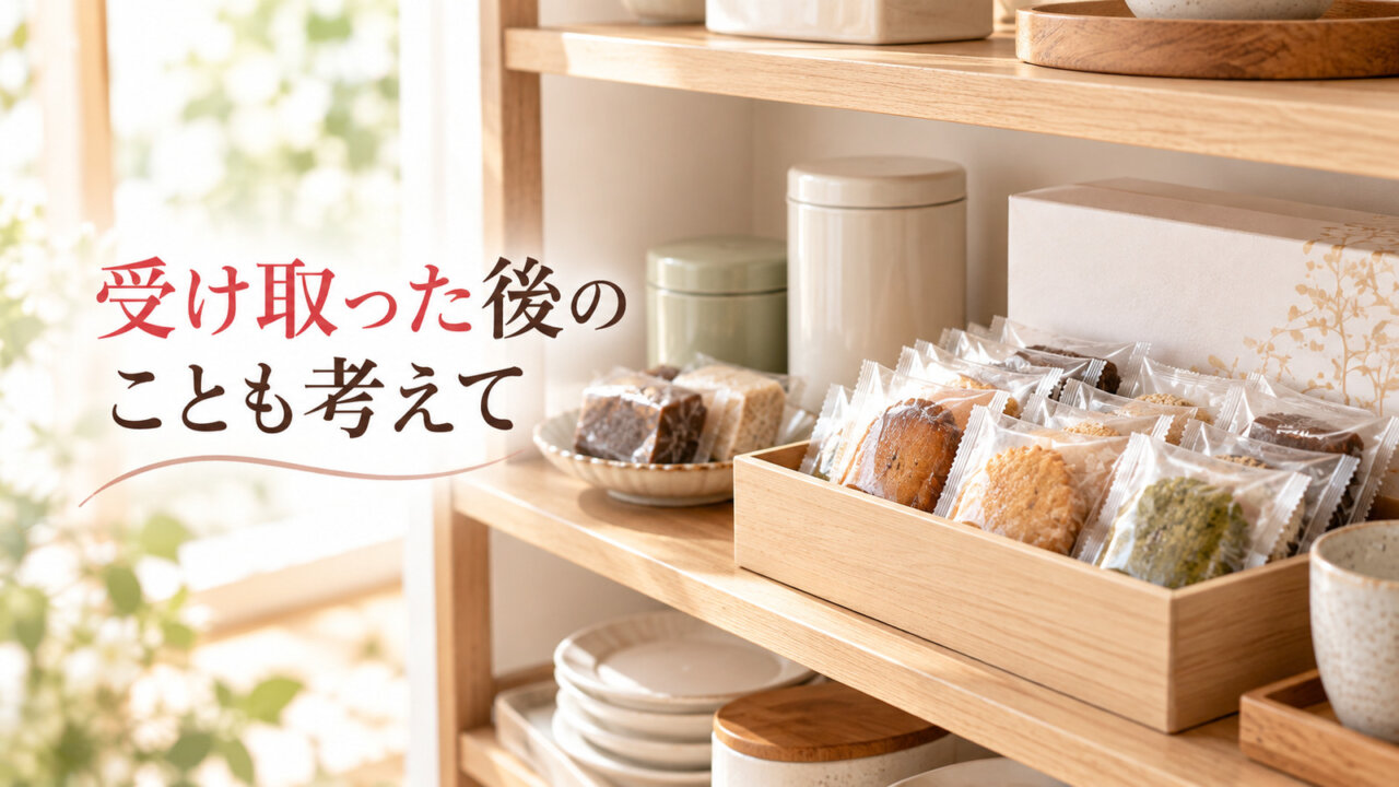 受け取った後のことも考えて 個包装の焼き菓子や茶筒を収納した明るい棚