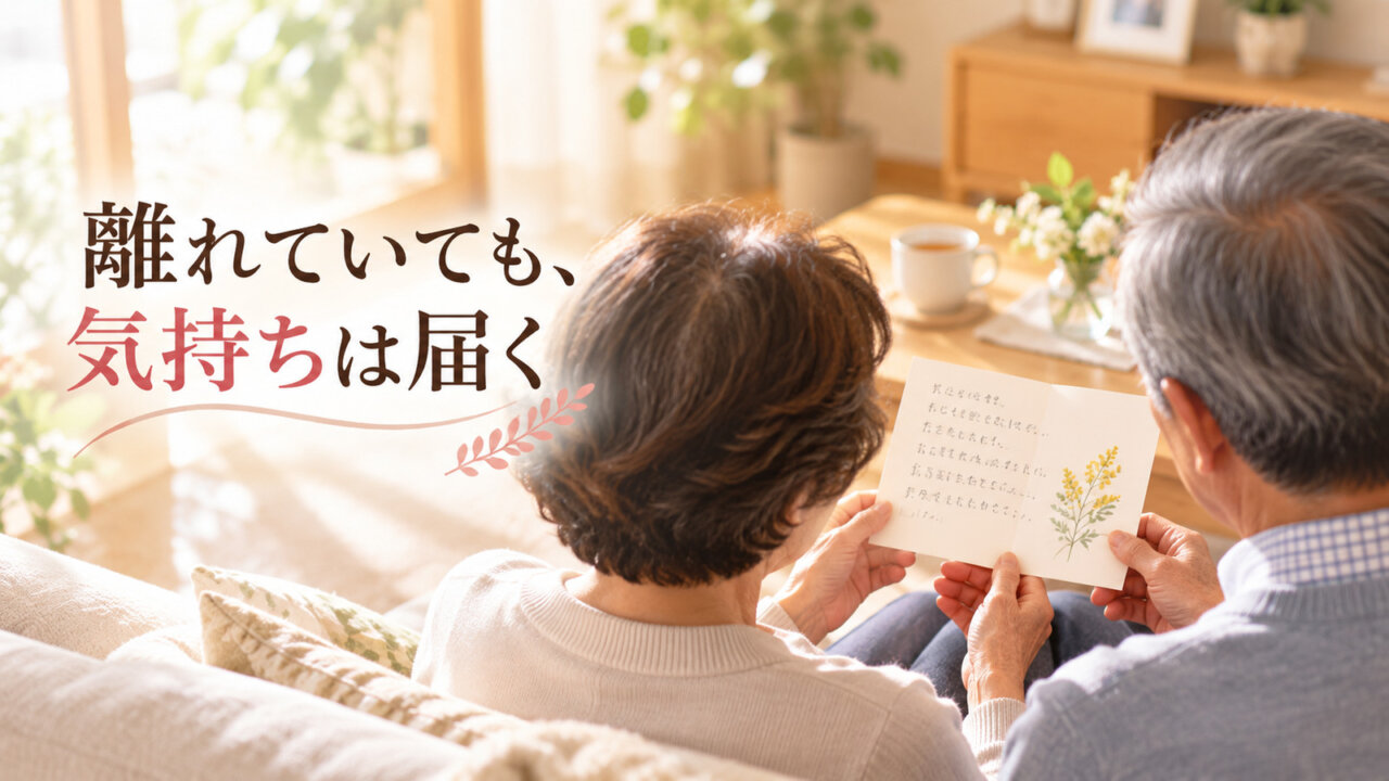 離れていても、気持ちは届く 義両親がソファで贈り物に添えられた手紙を読む後ろ姿