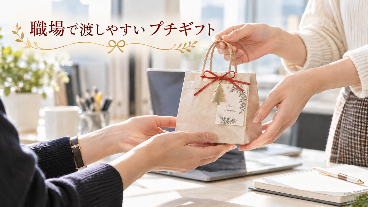 職場で渡しやすいプチギフト 職場の同僚に小さなクリスマスギフトを手渡すシーン