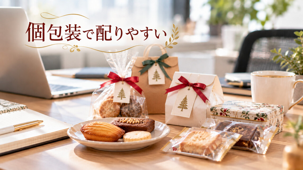 個包装で配りやすい 職場の机に並ぶ個包装の焼き菓子と小さなクリスマスギフト