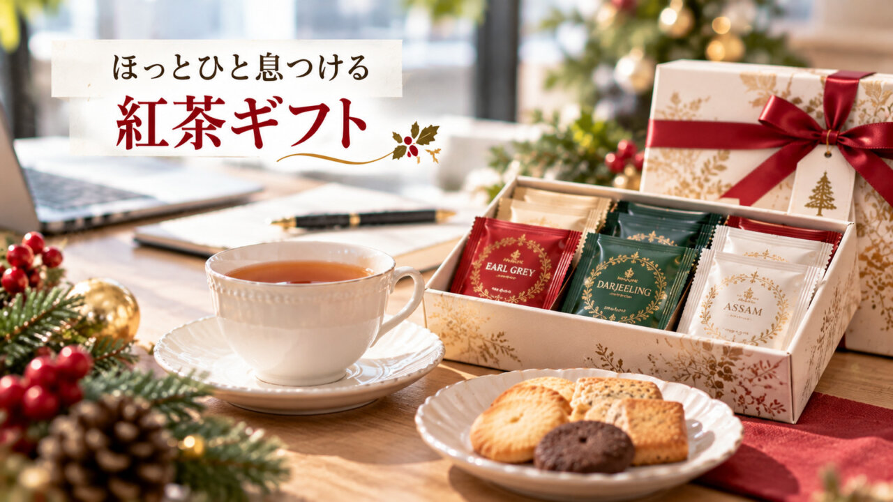 ほっとひと息つける紅茶ギフト クリスマス限定デザインをイメージした紅茶のギフトとティーカップ