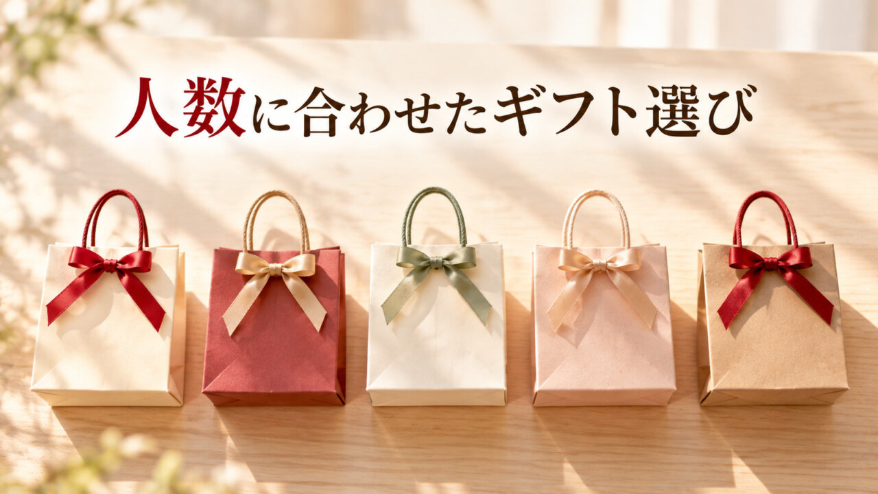 人数に合わせたギフト選び 人数に合わせたクリスマスギフトを表す5つの小さな紙袋