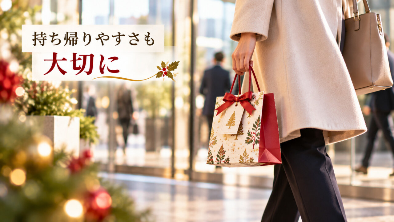 持ち帰りやすさも大切に 通勤バッグと一緒に小さなクリスマスギフトを持ち帰る女性の手元