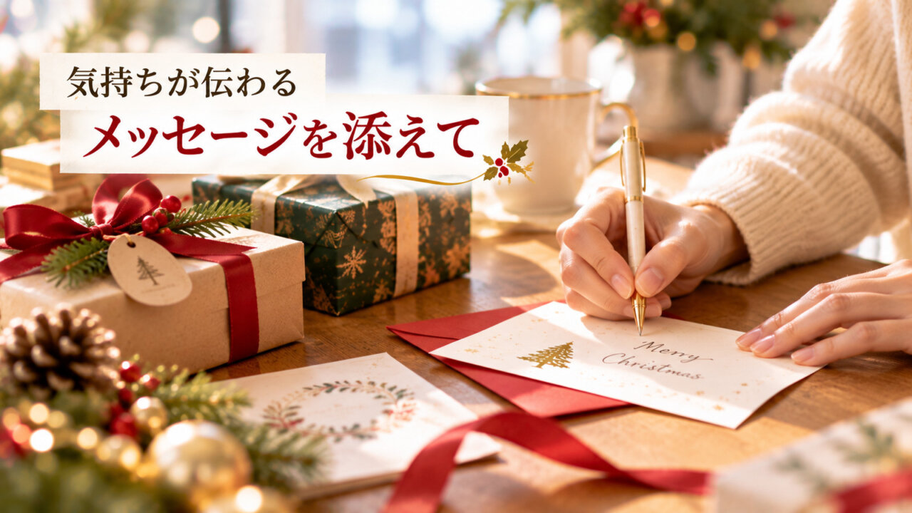 気持ちが伝わるメッセージを添えて クリスマスカードにメッセージを書く手元とラッピングされたギフト