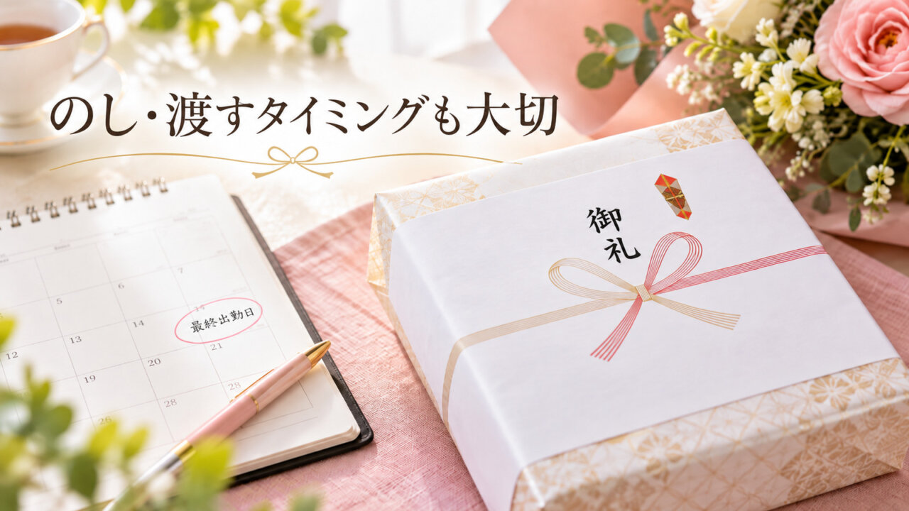 のし・渡すタイミングも大切 御礼ののし紙をかけた贈り物と最終出勤日を記した手帳