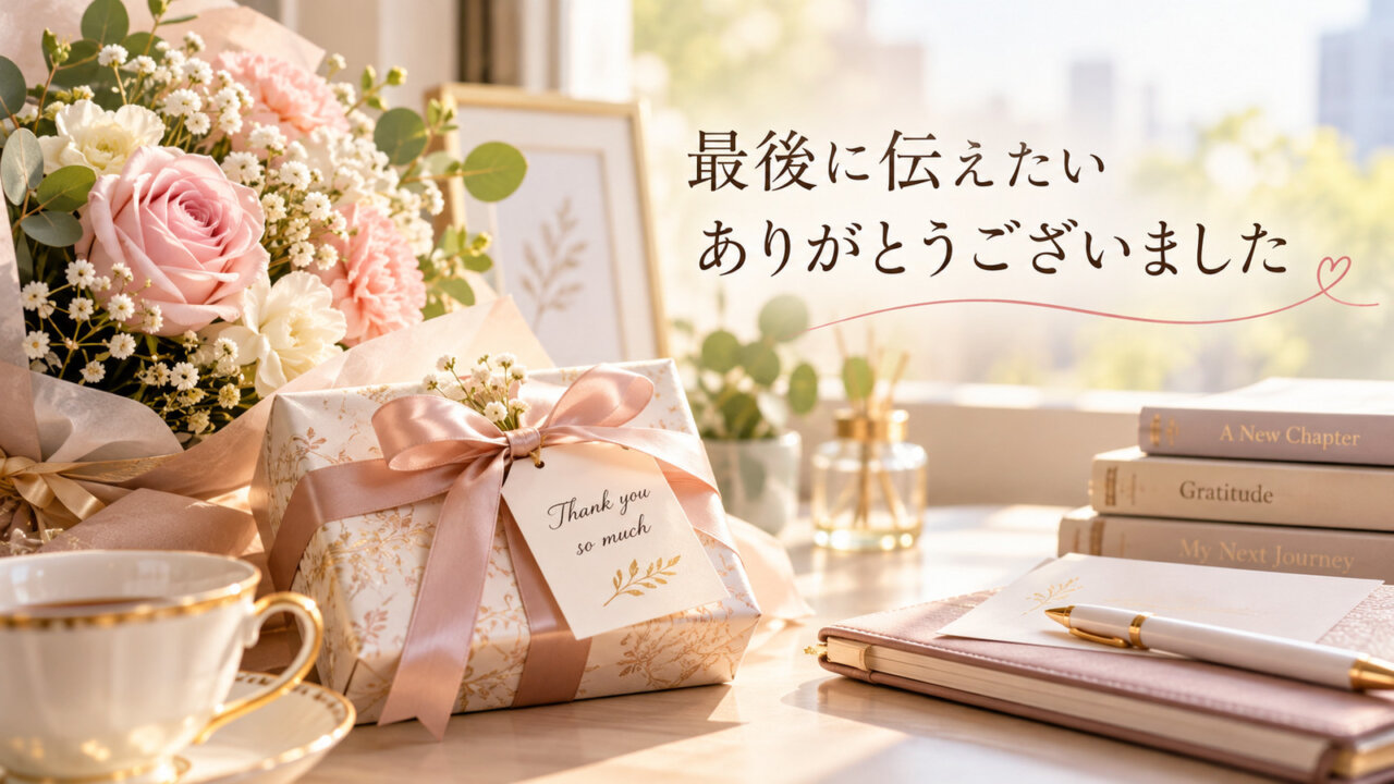 最後に伝えたいありがとうございました 退職時の感謝を伝える花束と贈り物のイメージ