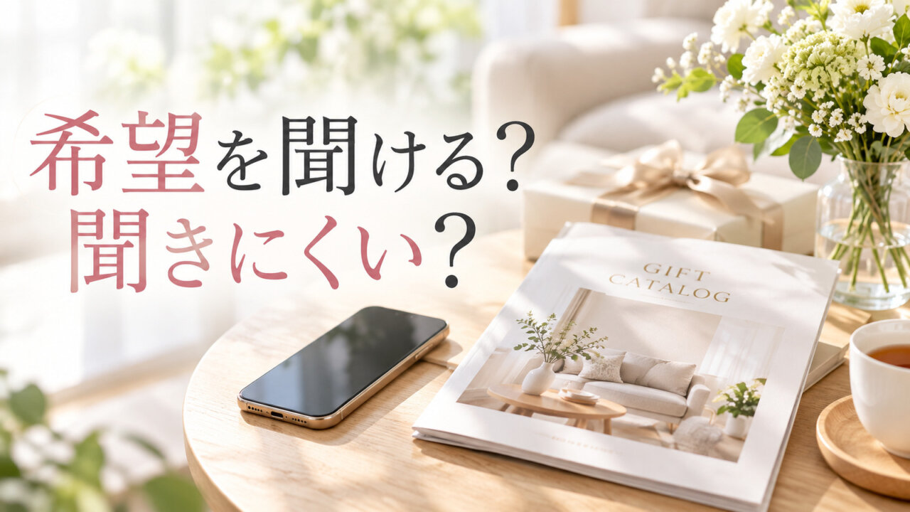 スマートフォンとギフトカタログを並べ、贈り物の希望を尋ねるか考えるイメージ