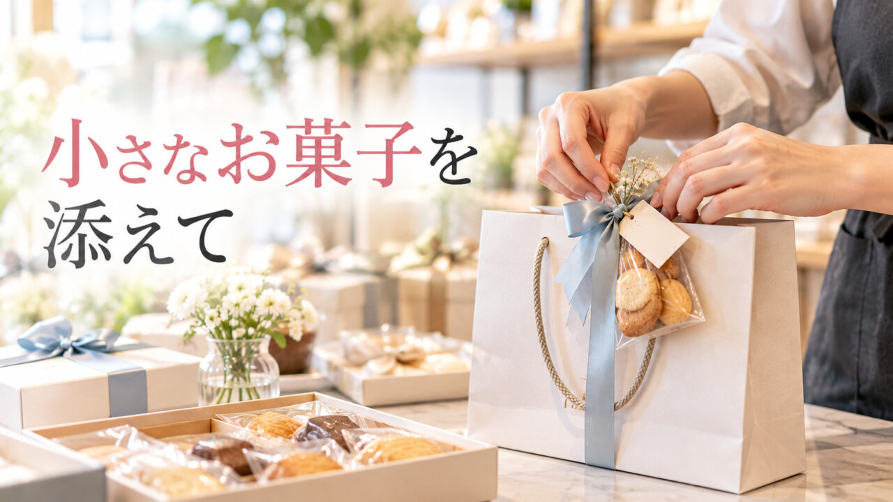 包装カウンターでギフトバッグに小さな焼き菓子を添える様子