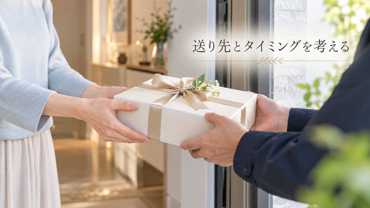 明るい玄関先で結婚祝いの包みを受け取る場面