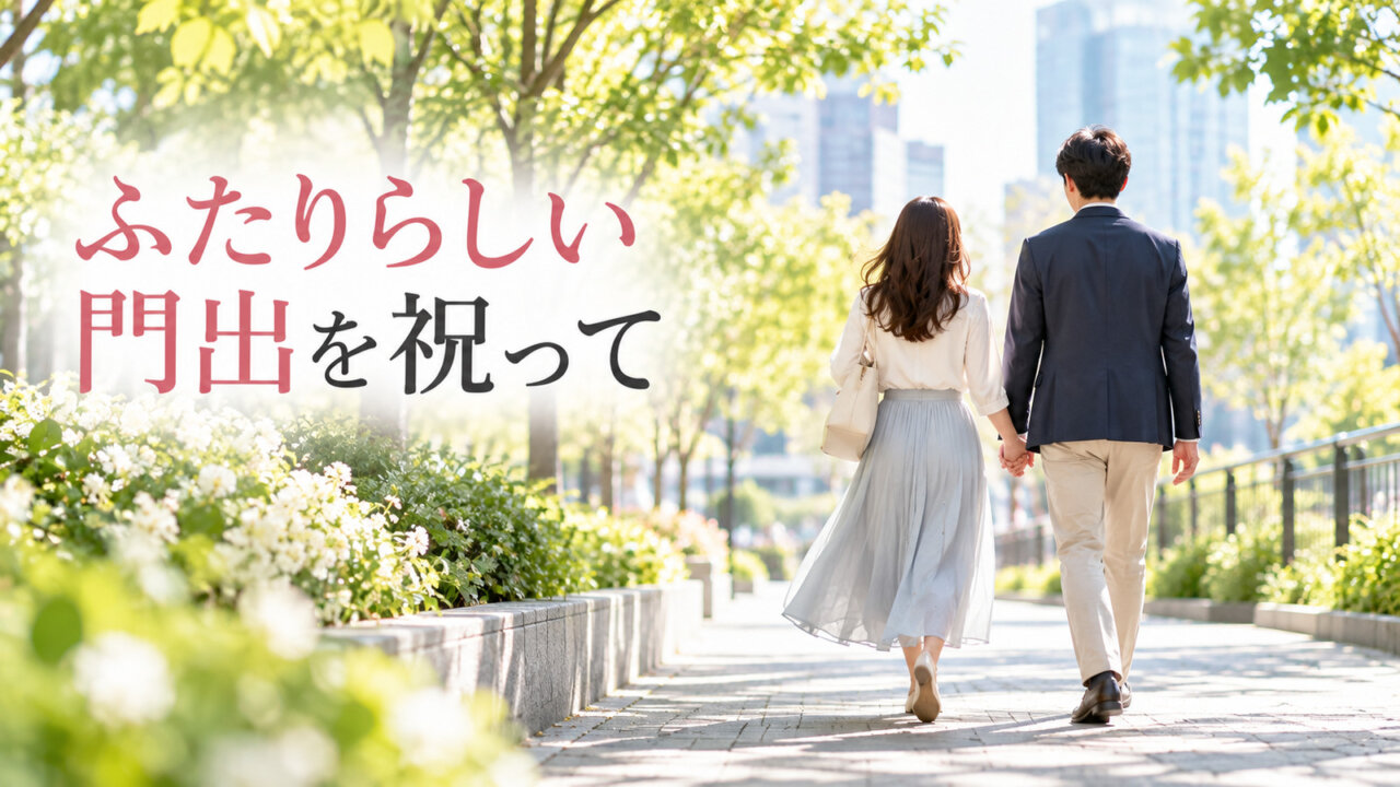 緑豊かな遊歩道を並んで歩く二人の後ろ姿