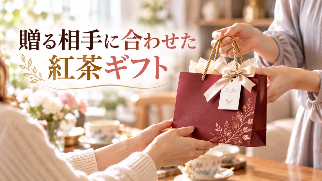 贈る相手に合わせた紅茶ギフト 女性同士がボルドー色のギフトバッグを手渡す場面