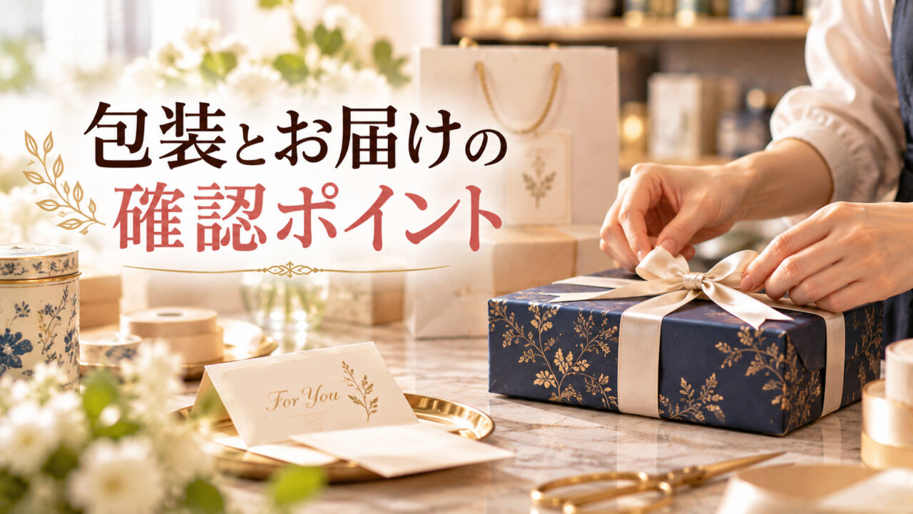 包装とお届けの確認ポイント リボンを結んで紅茶ギフトの包装を仕上げる手元