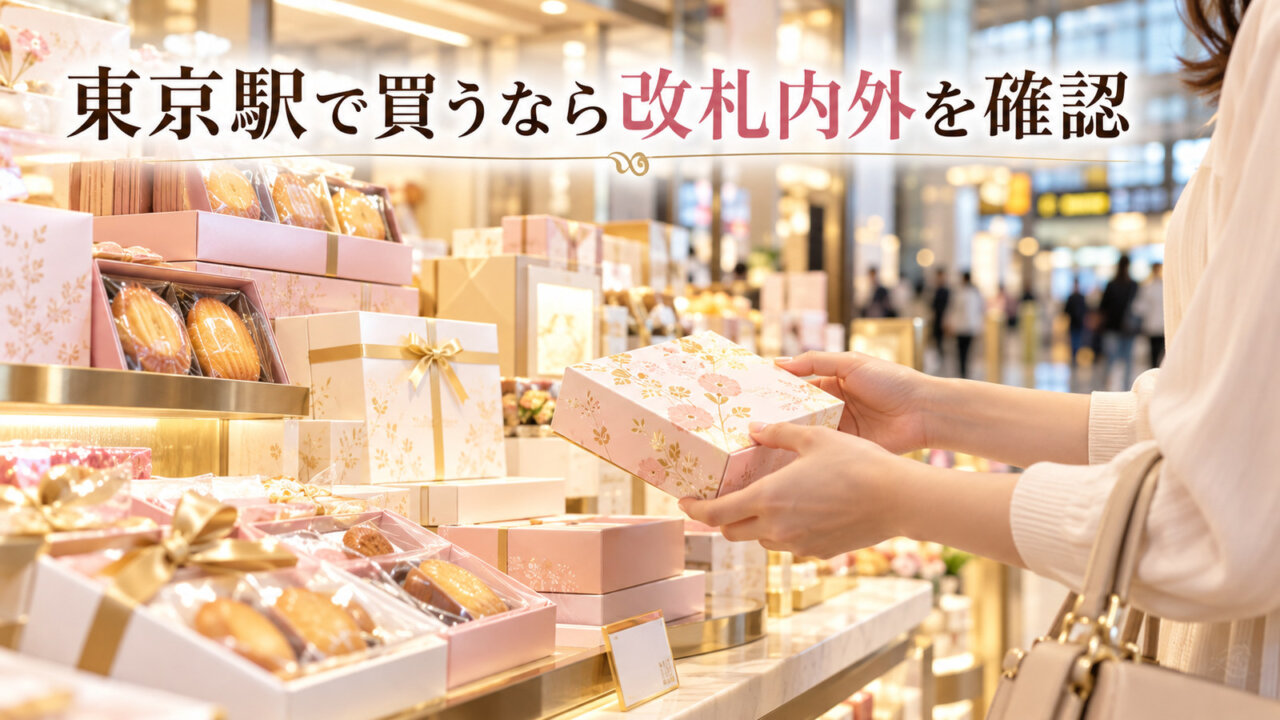 東京駅は改札内外を確認 東京駅のお土産売り場で女性が箱入りの焼き菓子を選ぶ手元