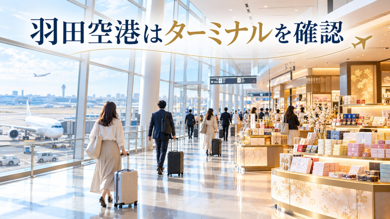 羽田空港はターミナルを確認 大きな窓の外に飛行機が見える空港ターミナルと土産ショップ