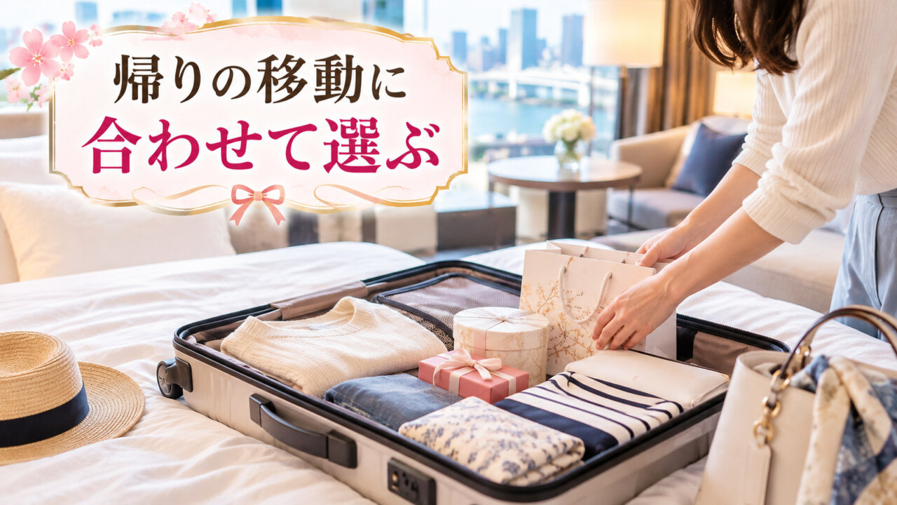 帰りの移動に合わせて選ぶ ホテルの客室でスーツケースに衣服と土産を詰める女性の手元