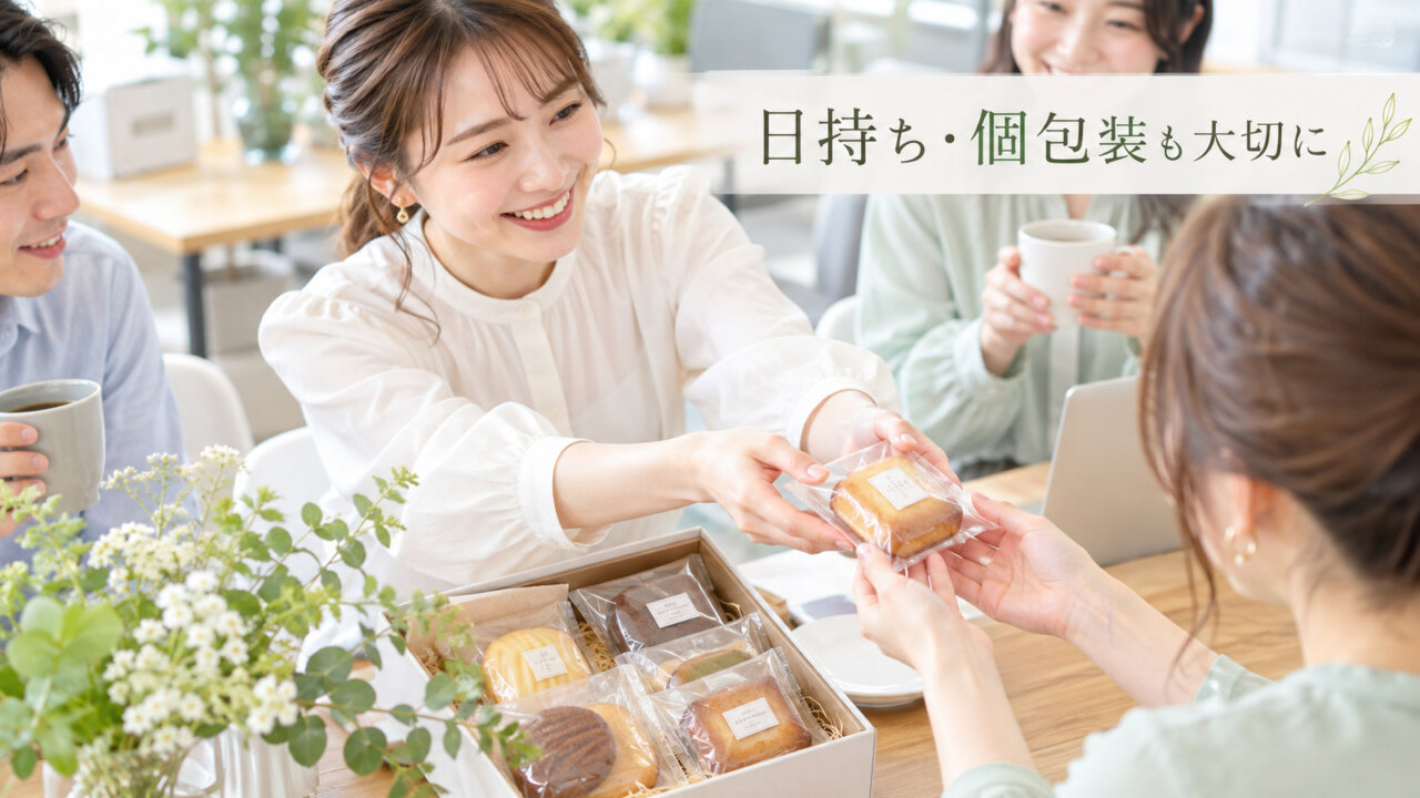 日持ち・個包装も大切に 明るい職場で個包装の焼き菓子を同僚に手渡す女性